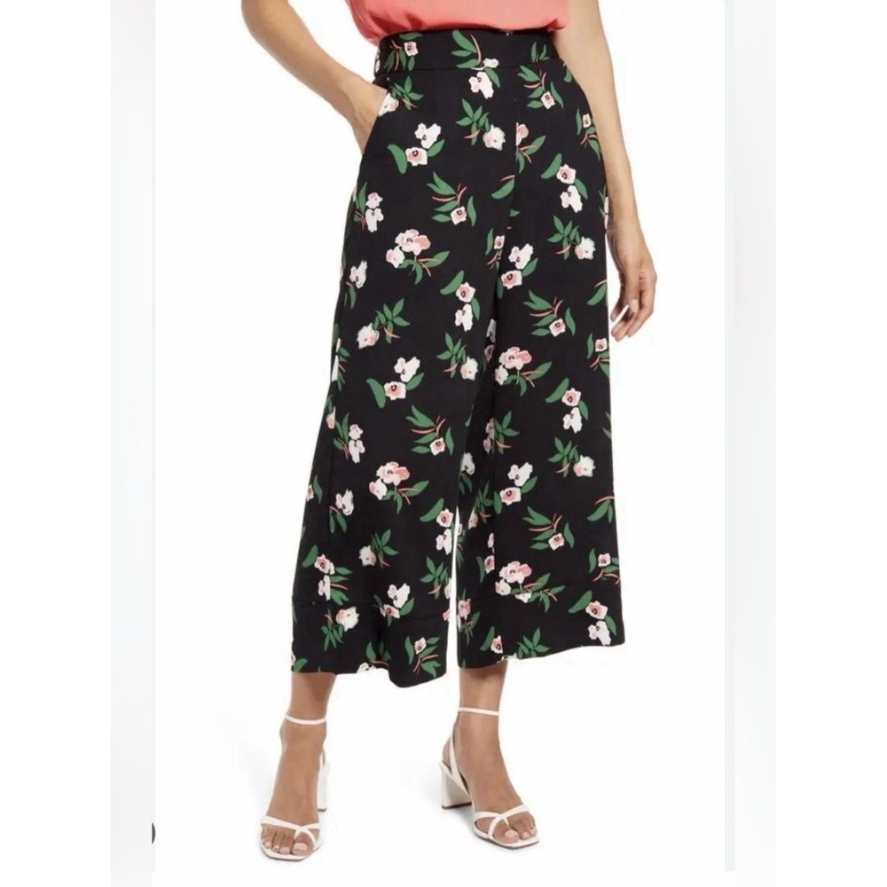 Halogen Wide Leg Pants Womens 1P Black Floral High Rise Cropped Culottes Crepe